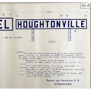 1966 Railroad Bangor Aroostook Houghtonville Station Sign Blueprint K4 DWDD12
